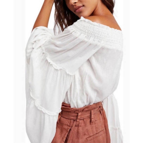 Free People Free Spirit White Flare Bell Sleeve Crop Peasant off shoulder Top S - Picture 2 of 6